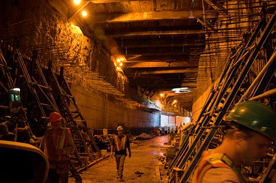 Construction crew working on a subway tunnel.