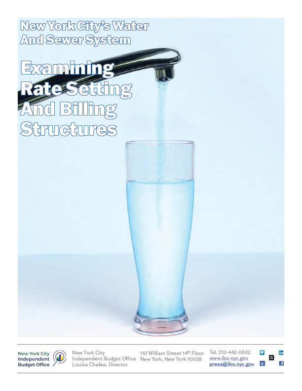 The cover of IBO's report. Against a light blue background a silver faucet is running. The water is filling a glass.