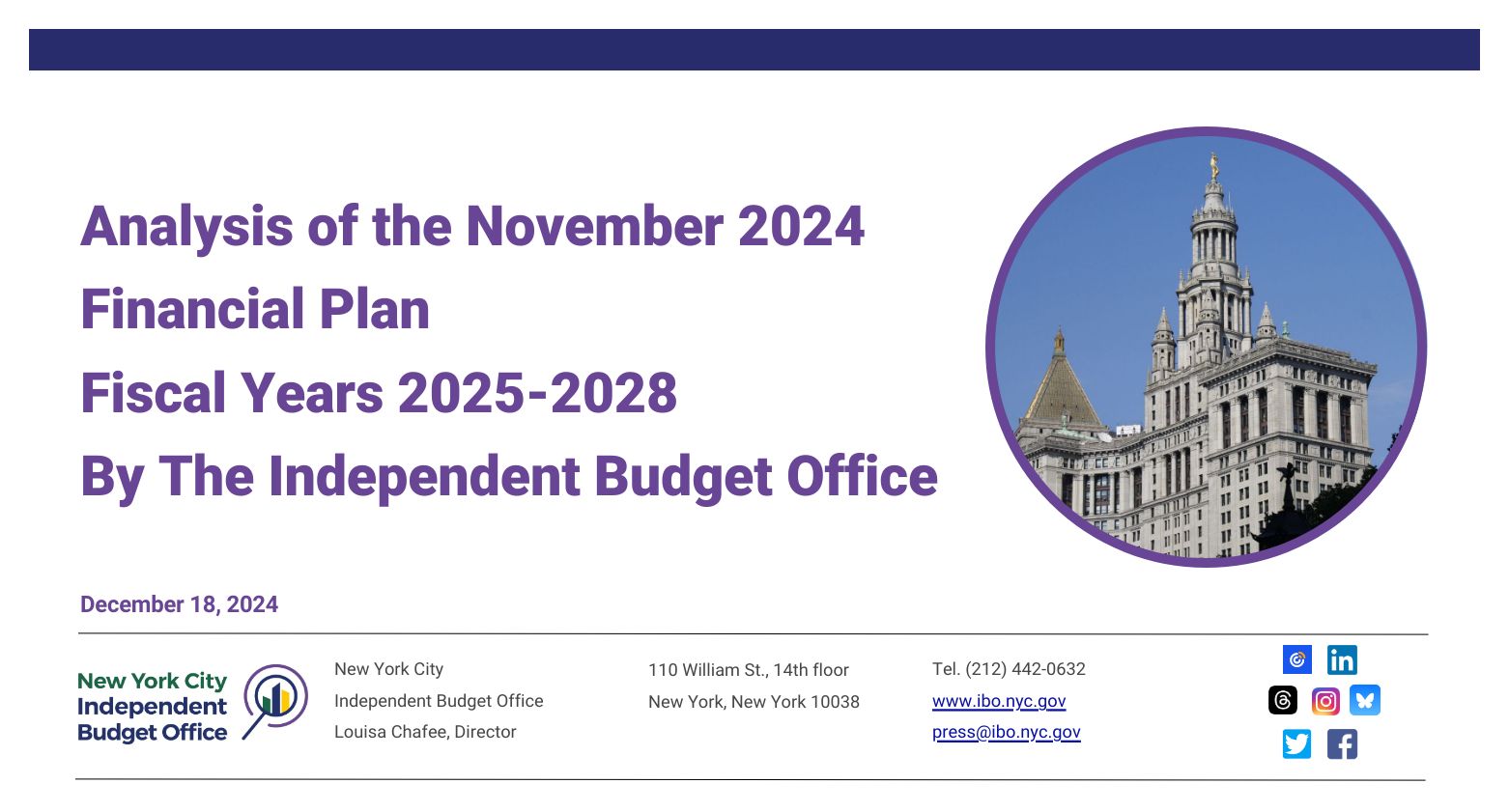 Cover of IBO's report: Analysis of the November 2024 Financial Plan Fiscal Years 2025-2028 by The Independent Budget Office