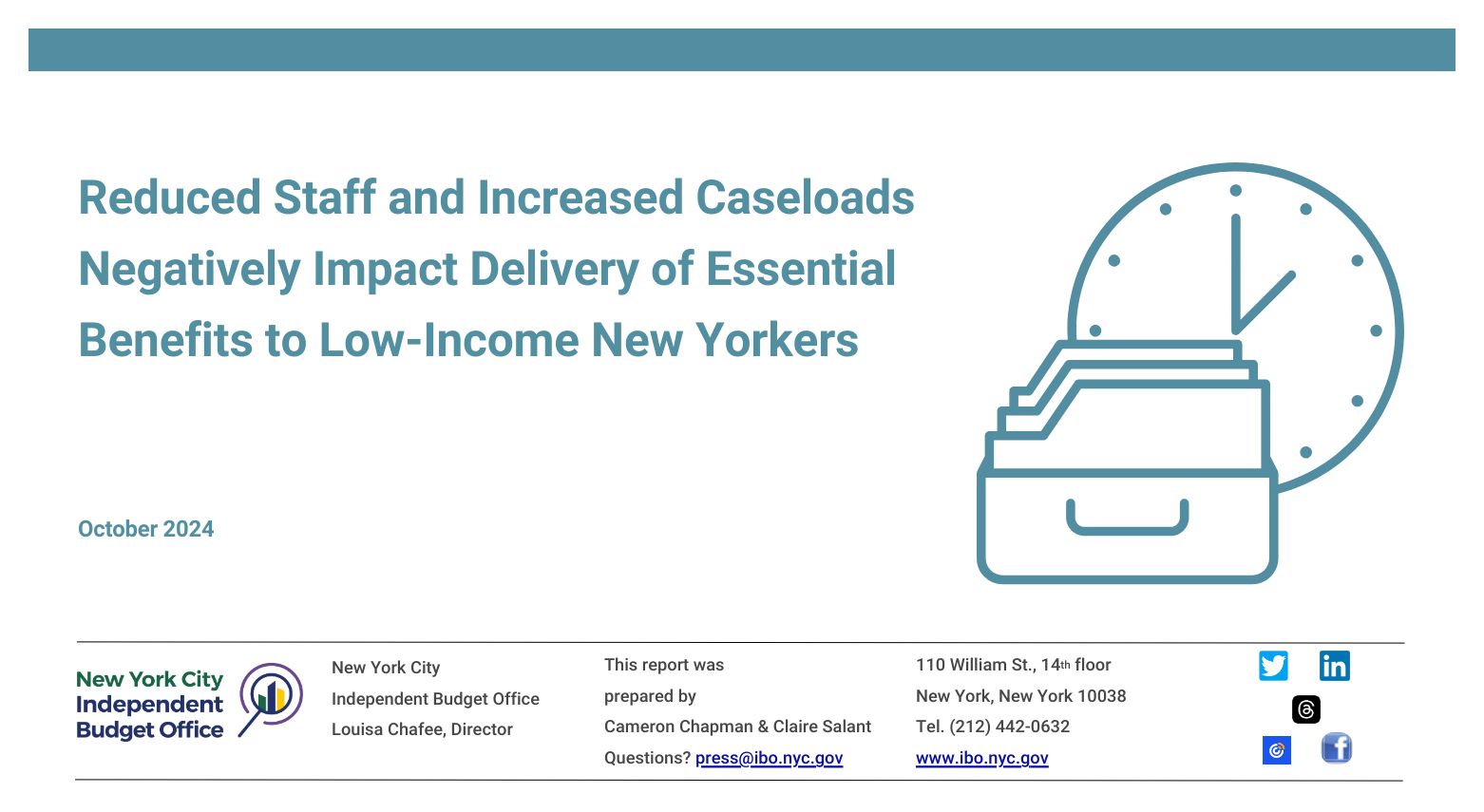 Cover image of IBO's report. On the cover is a teal icon of an analog clock and tray of file foders.