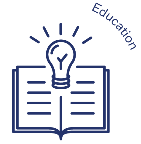 Blue outline of an open book with a lighbulb above it. The word Education curves around the right top corner of the image